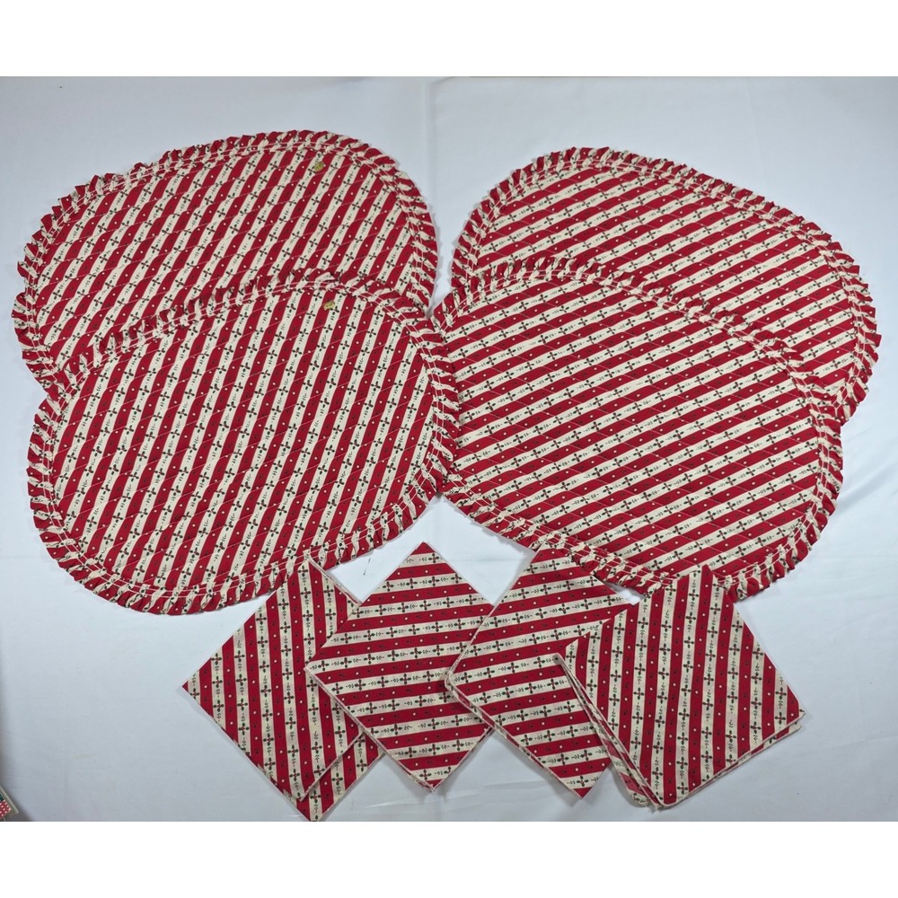 Vintage Christmas Placemats and Napkins Set 8pc Red Stripe Holly Berry Quilted